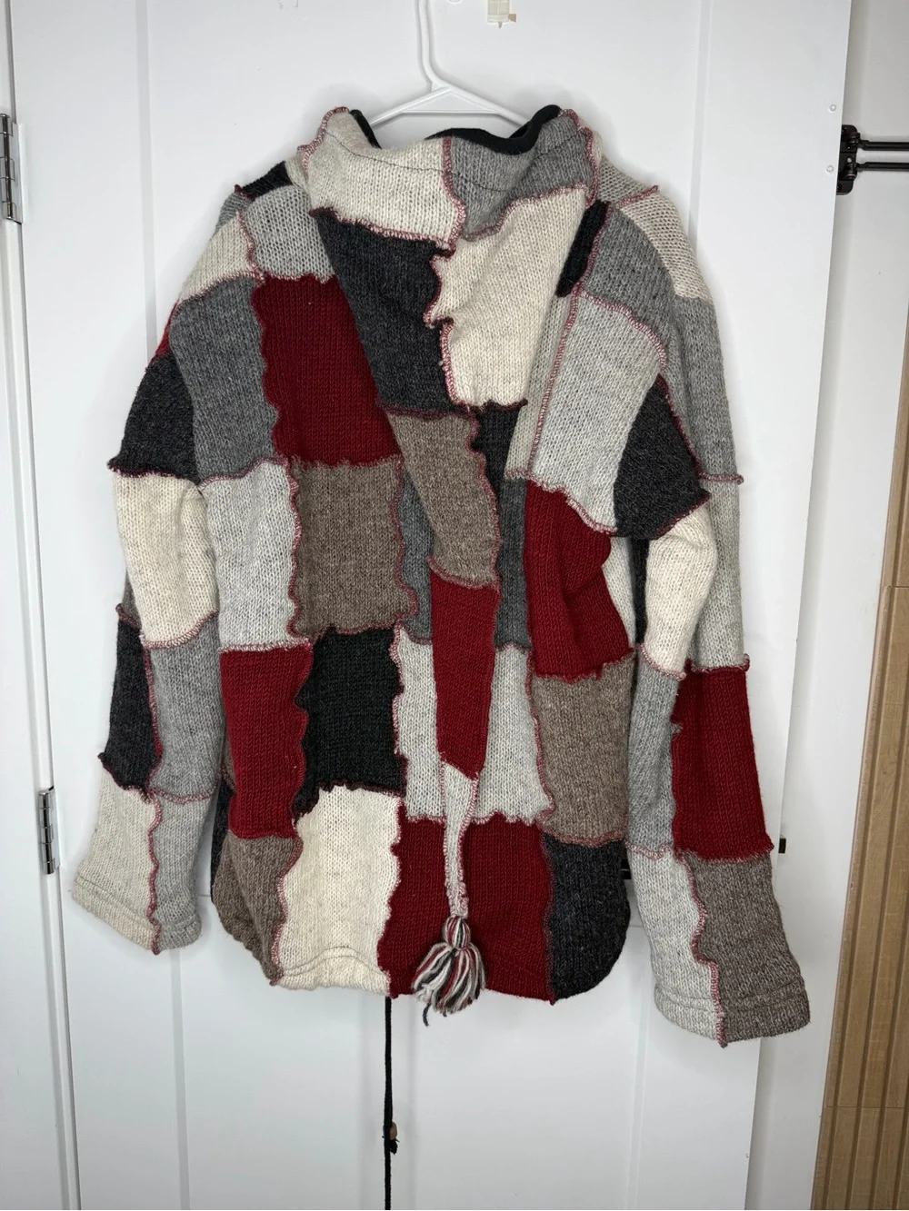 Patchwork Hooded Zip Jacket - Red, Gray & Cream